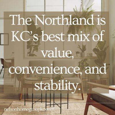 Quote graphic reading ‘The Northland is KC’s best mix of value, convenience, and stability,’ displayed over a modern living room interior.