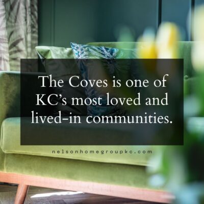 Quote graphic stating ‘The Coves is one of KC’s most loved and lived-in communities,’ placed over a cozy green living room scene.
