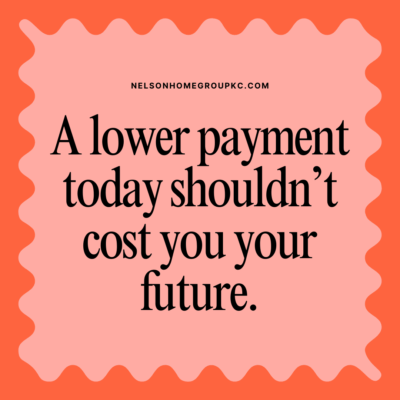 Quote graphic on a coral and pink background reading “A lower payment today shouldn’t cost you your future.”