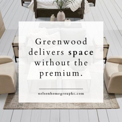 Quote graphic reading “Greenwood delivers space without the premium,” shown above a bright neutral living room with seating and decor.