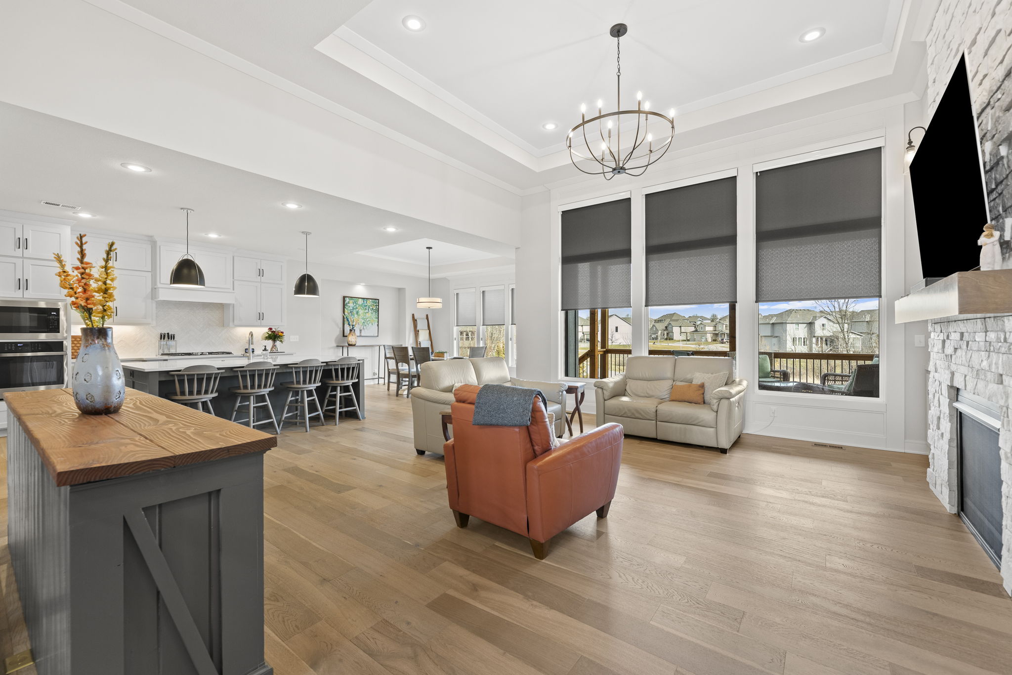 Open kitchen with large island and great room