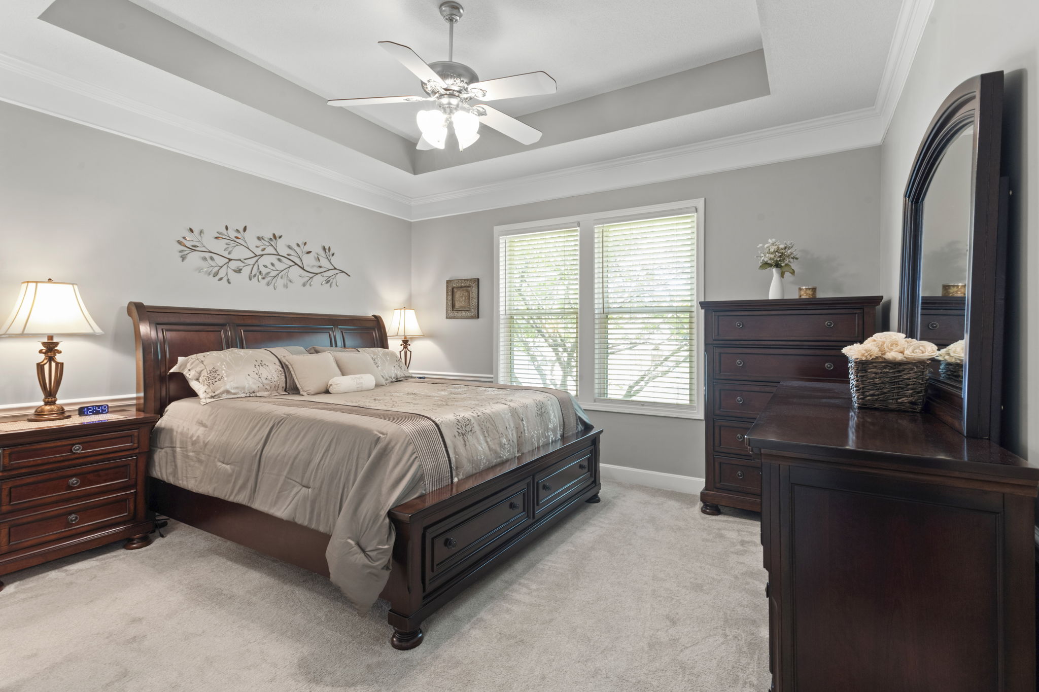 Primary bedroom with tray ceiling